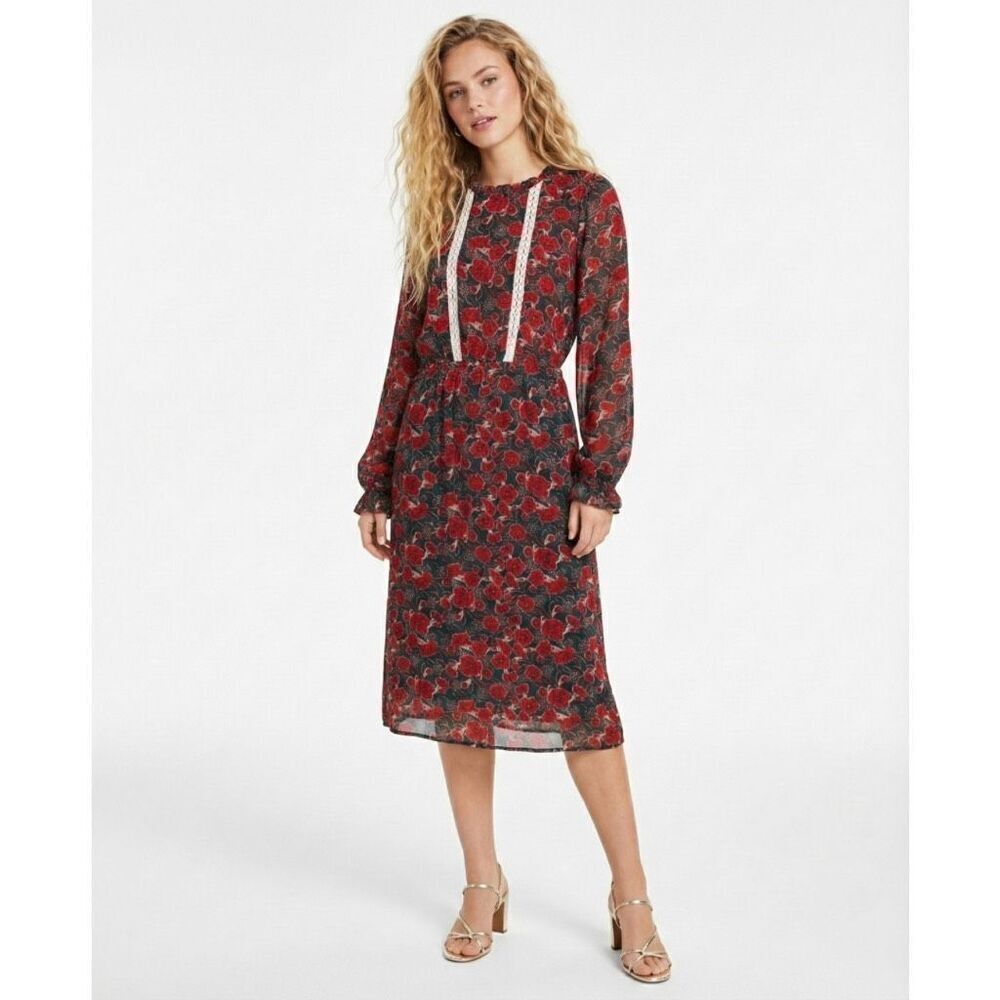 Hayden LA Green Floral Midi Dress Medium Long Sleeve Cottagecore Boho Wedding